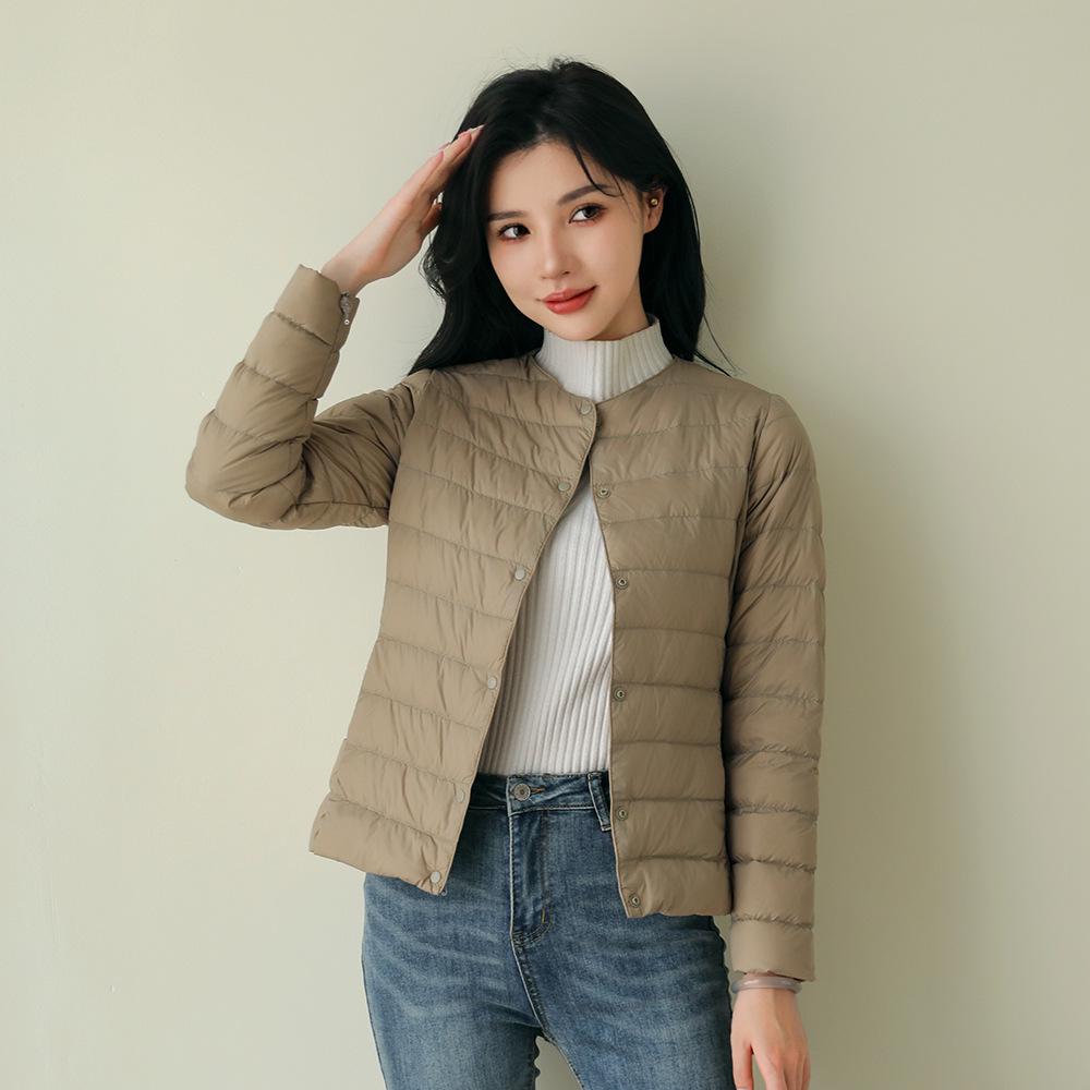 Women's Lightweight Pinghu White Duck Down Jacket, Collarless, Round Neck, Autumn/Winter Outerwear