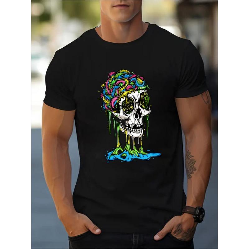 Mens Fashionable Skull Graphic T-Shirt - 3D Digital Print Breathable & Flexr Outdoor Tee with Vivid Art and Classic Crew Neck