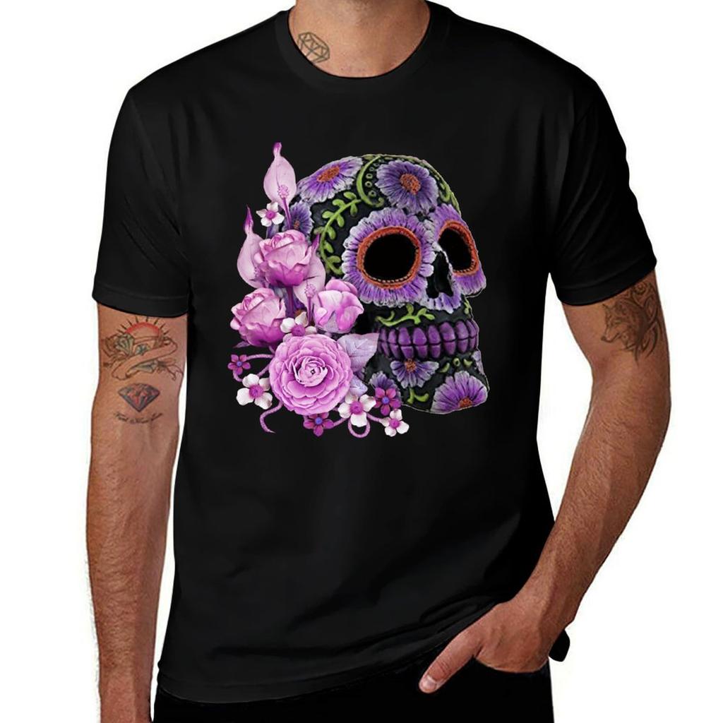 Pink Floral Black Sugar Skull Day Of The Dead Tshirt Perforunisexce Workout Short Sleeve Tee