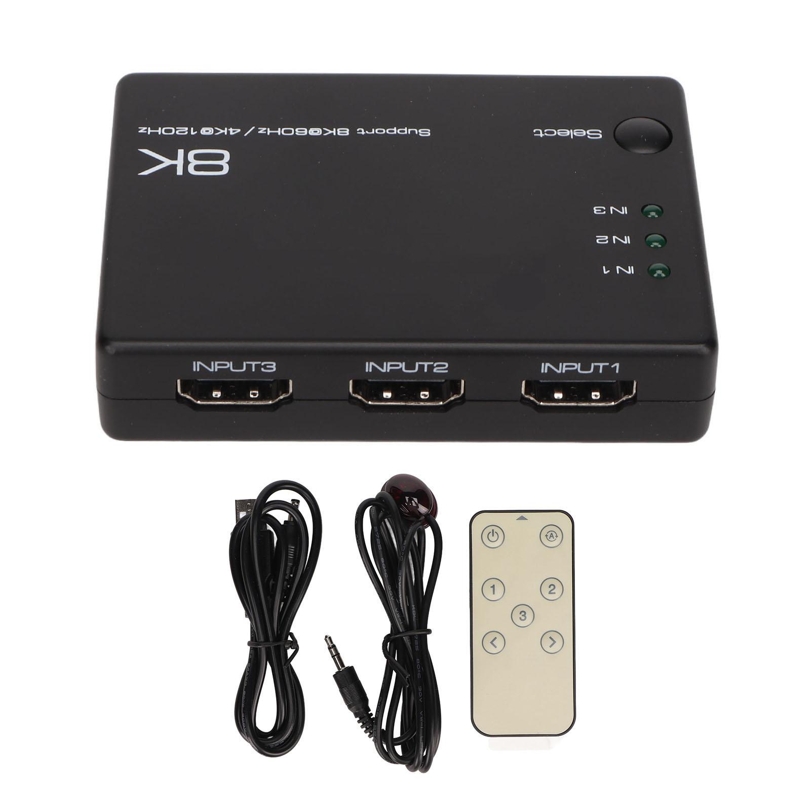 

8K HD коммутатор 3 входа 1 выход 40 Гбит/с быстрый стабильный пульт дистанционного управления Plug and Play HD мультимедиа коммутатор