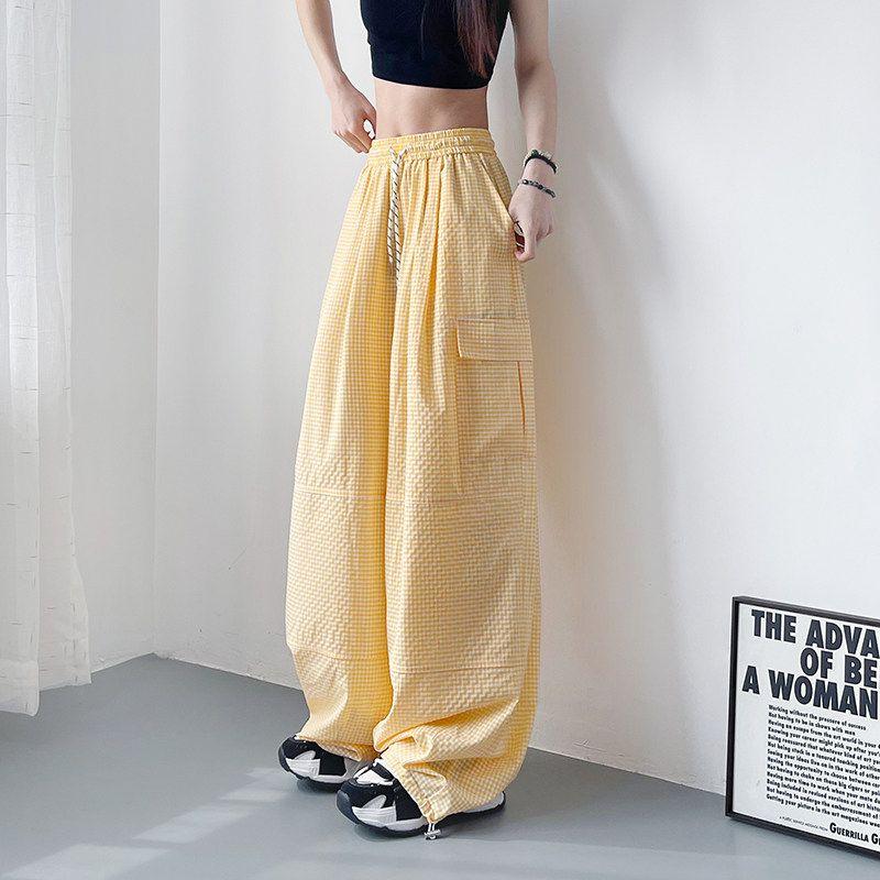

Plaid Cargo Pants for Women, Summer Thin Style, Plus Size, Slimming, Drapey, Lightweight, Quick-Dry, Dance Sports Ice Silk Wide-Leg Pants Yellow Regular Large Size 2XL