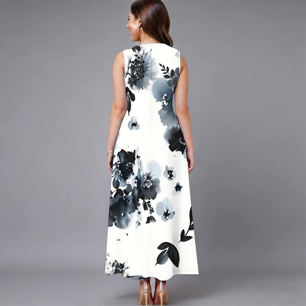 Women Plus Size Sleeveless Round Neck Dress Bright Tropical Flamingo Printed Loose Maxi Gown