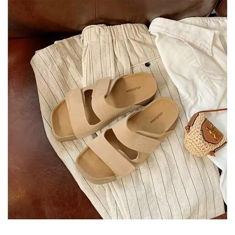2025 New Summer Retro Leather Platform Slippers Women's Casual Soft Bottom Drag One-word Casual Non-slip Versatile