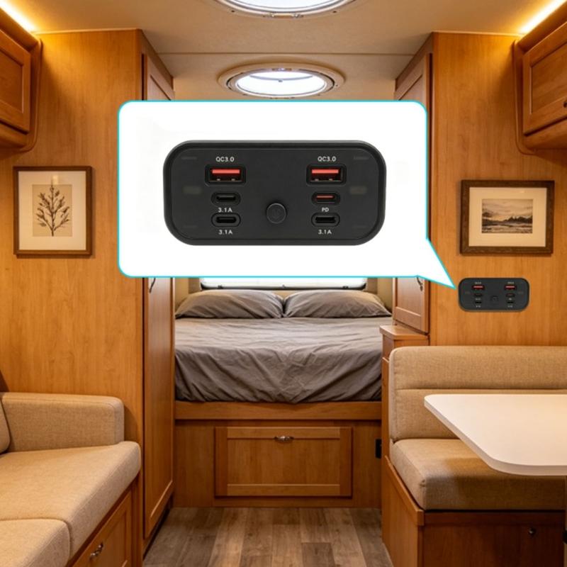 Panel Screw Mount USB Power Panel with Battery Readout, 6 Port Car Interior Chargers Socket with Front Button and Flush Face for Daily Charging