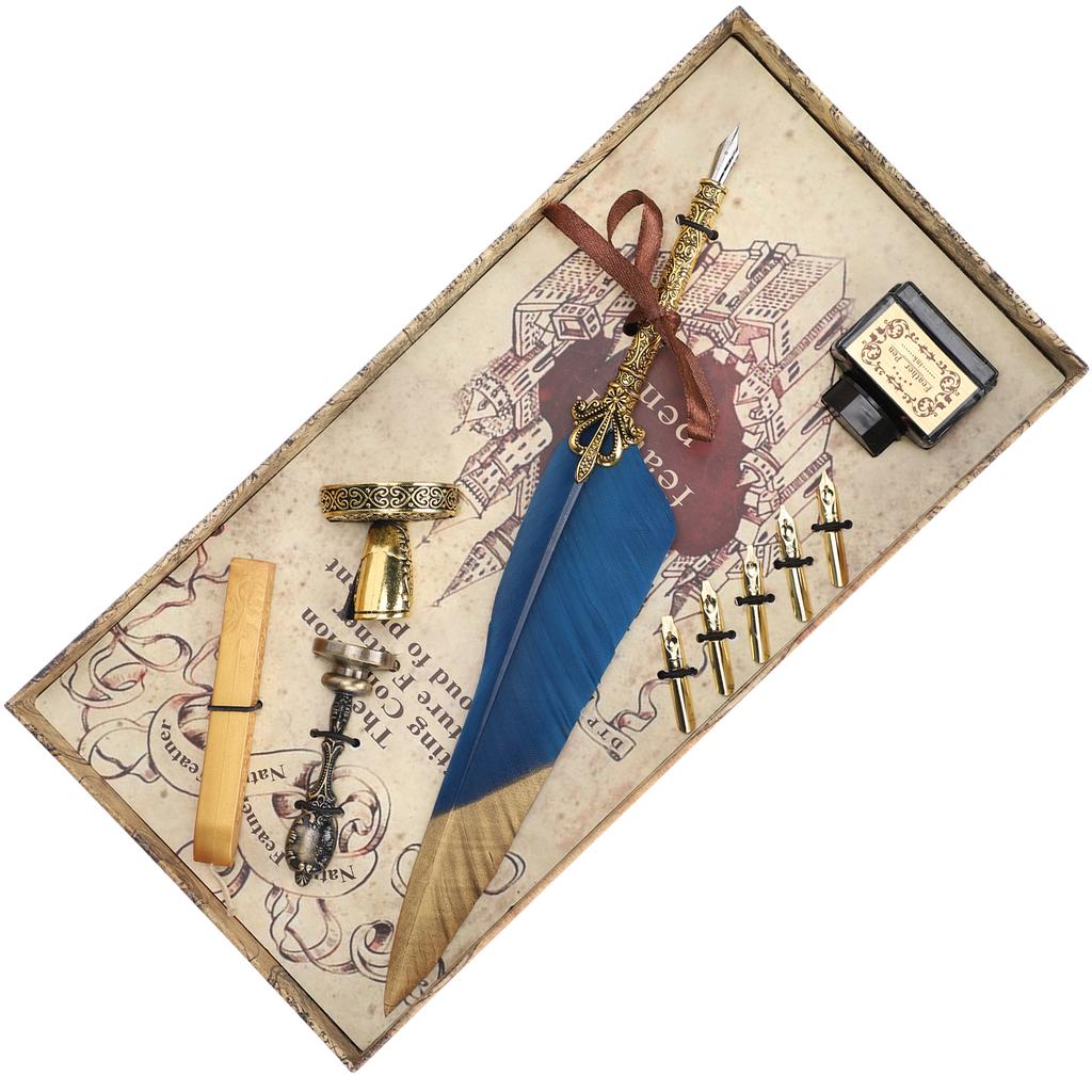 Quill Pen Set Feather Writing Drawing Dip Pen Students Teacher Antique Calligraphy Vintage GiftBlue