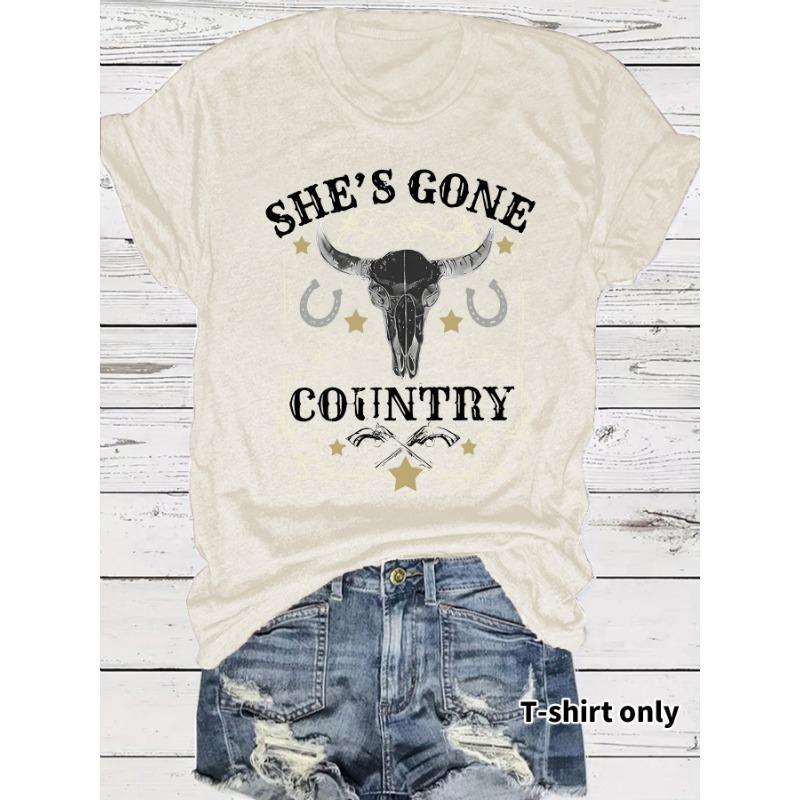 Women's Short Sleeve T-shirt She's Gone Country Bull Skull with Stars Design Western Cowboy Graphic T-Shirt