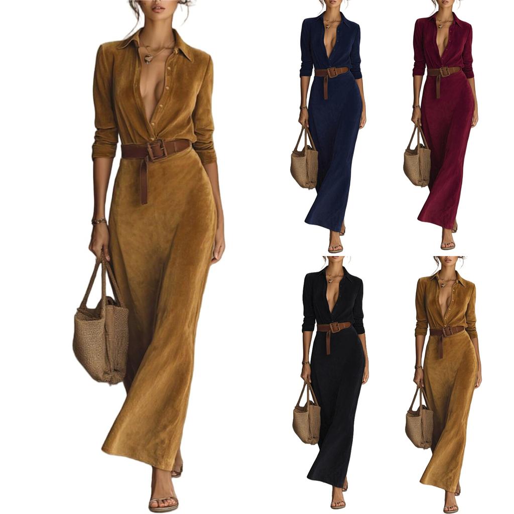 Women's Long Sleeve Lapel Button Suede Wrap Long Dress Warm Casual Belted Dress