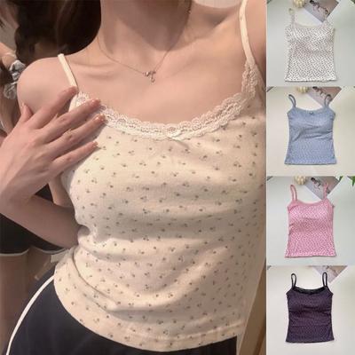 Women's Lace Trim Camisole with Built-in Bra, Floral Print Summer Sleeveless Crop Top, Stretchy Viscose Tank, Adjustable Straps, Slim Fit All Sizes