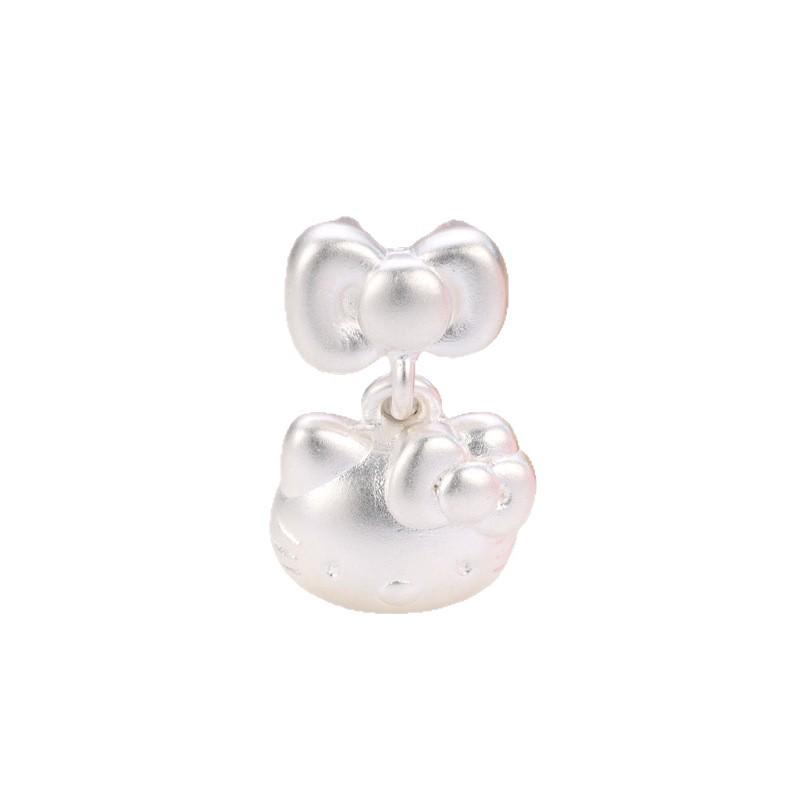 Sterling Silver Hello Kitty Pendant Charm with 999 Fine Silver Bow and Beaded Cartoon Cat Design