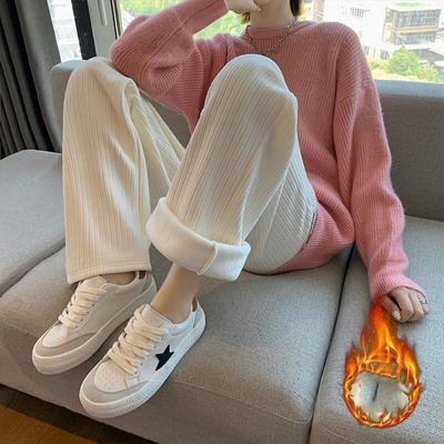 Warm Plush Straight Trousers Winter Thicken Plus Velvet Wide Leg Pants Women's High Waist Baggy Casual Korean Fashion Pantalones