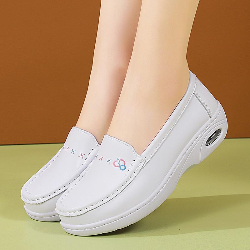 Mother Nurse Work Shoes Women Flat Leather Shoes Casual White Wedge Heel Soft Sole Non Slip Caring Comfortable  Shoes