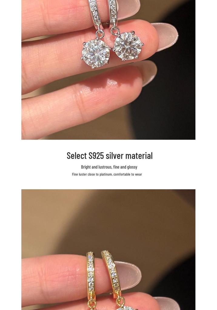 Sterling Silver Six-Prong Moissanite Dangle Earrings for Women: High-End, Fashionable, Versatile Design