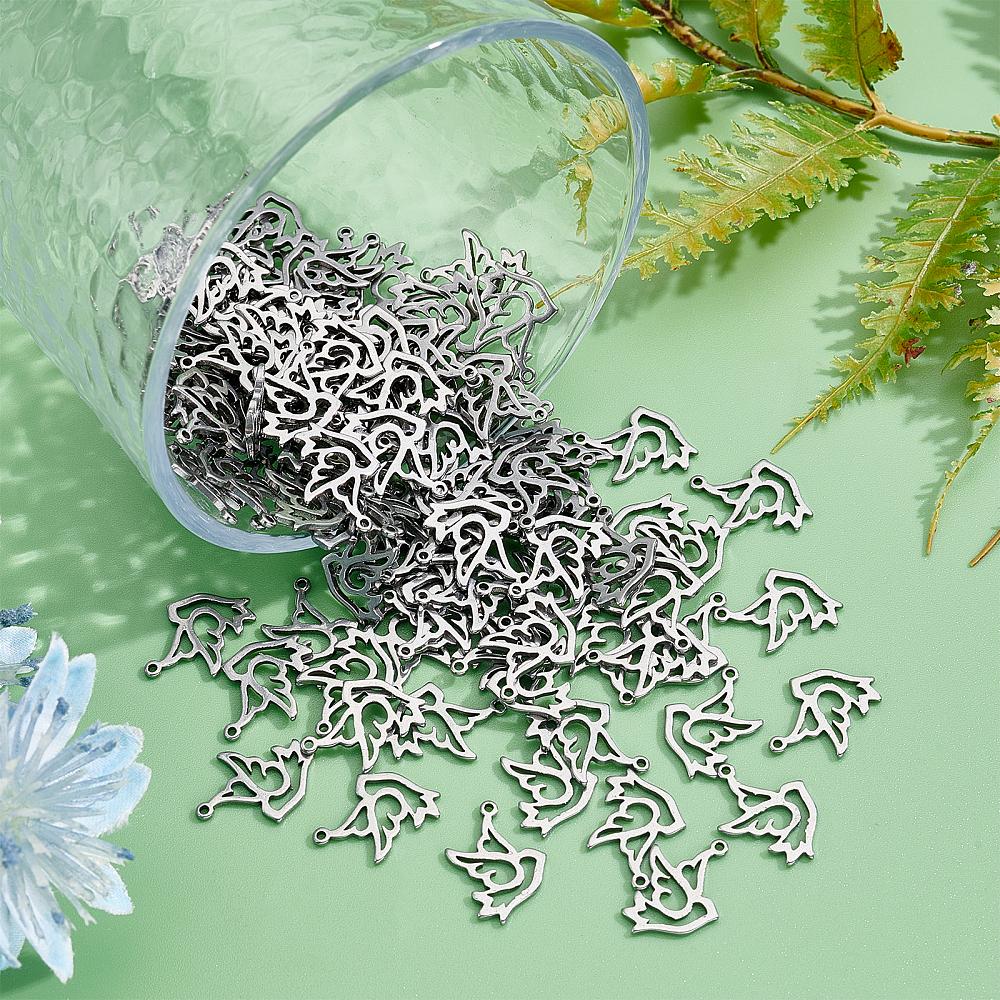 120Pcs 304 Stainless Steel Bird Pendants Laser Cut Hollow Dove Stainless Steel Color 17x12x1mm Hole: 0.9mm