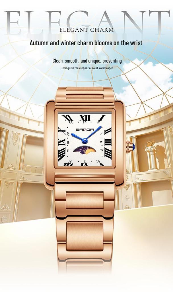 Sanda Elegant Ladies' Square Alloy Waterproof Quartz Watch with Roman Numerals and Moon Phase.