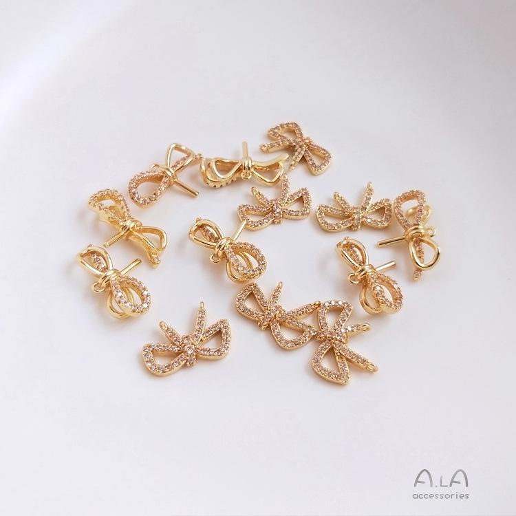 14K Gold-Filled Zircon Bow & Crystal Pearl Double Pendant Clavicle Chain Earrings