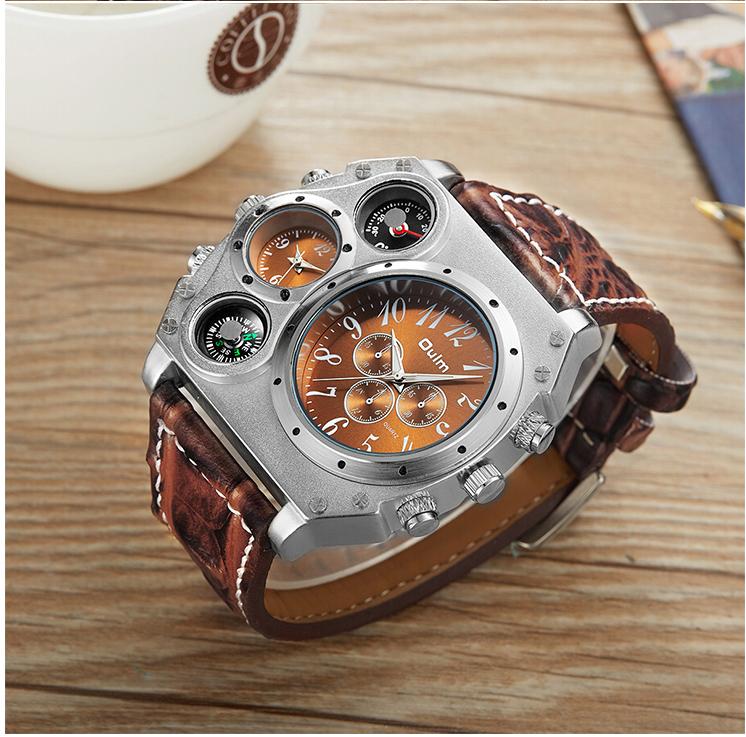 Oulm New Style Large Men's Watch Luxury Brand Men Quartz Watch Men Two Time Zone Leather Sport Wristwatches