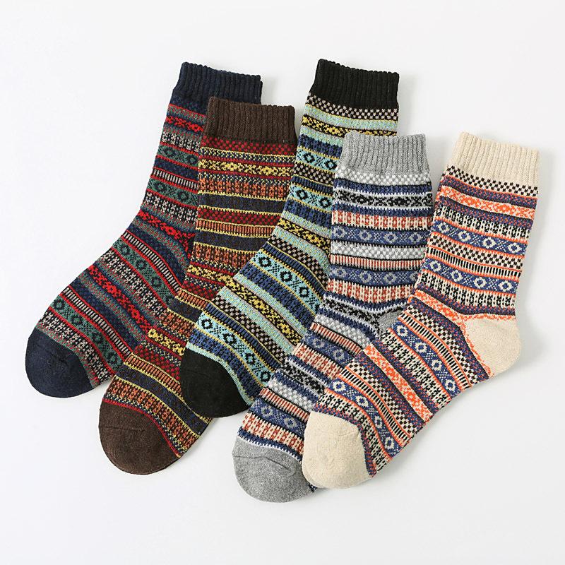 5/10 Pairs Autumn Winter Thickened Warm Socks Men's Retro Ethnic Style Small Diamond Wool Socks Mid Calf Socks Comfortable