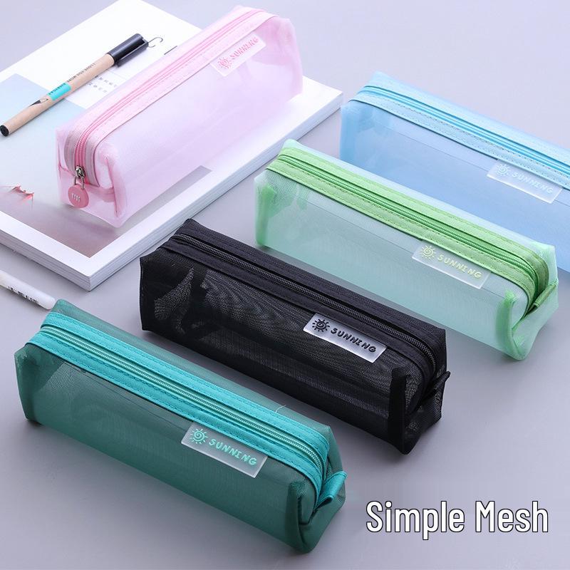 Korean Minimalist Transparent Mesh Pencil Case - Cute & Fresh Japanese Style Stationery Bag for Students