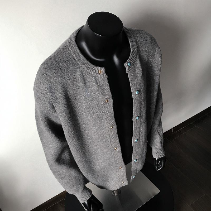 QAGO Turquoise Color Block Button Cardigan Sweater for Men - Autumn American Old Money Style Knitwear