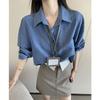 Spring Fashion Blue Polo Collar Blouse Women Loose Fit Long Sleeve Shirt Casual Office