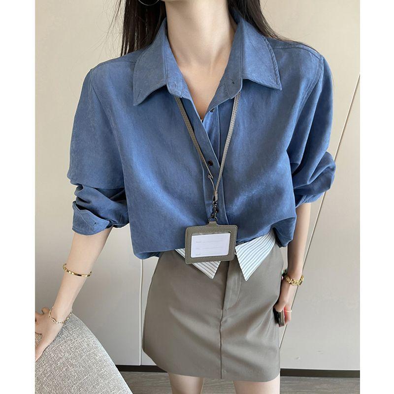 Spring Fashion Blue Polo Collar Blouse Women Loose Fit Long Sleeve Shirt Casual Office