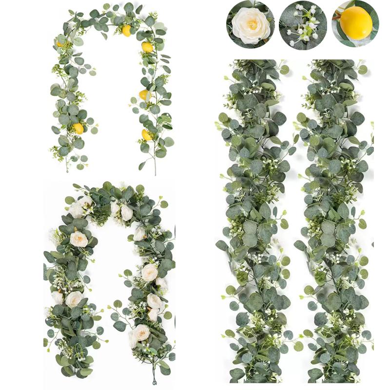 200cm Artificial Eucalyptus Lemon Garland Faux Floral Hanging Vine Rustic Greenery Wreath for Home Wedding Party Decor