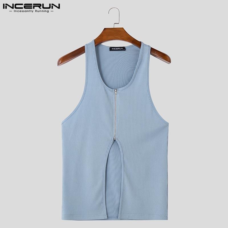 INCERUN Letní pánské bez rukávů s výřezy na zip jednobarevné ležérní žebrované tílko