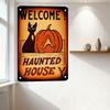 Vintage Halloween Haunted House Metal Sign - Welcome! Black Cat & Orange Pumpkin On Wooden Crate Tin Sign for Bar Pub Home Wall