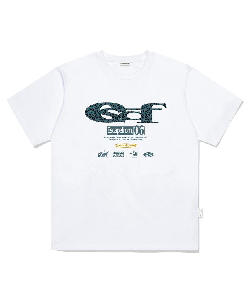 ESCAPEFROM Mint Leopard Escf Logo Collage Print Oversized Short Sleeve T-Shirt White