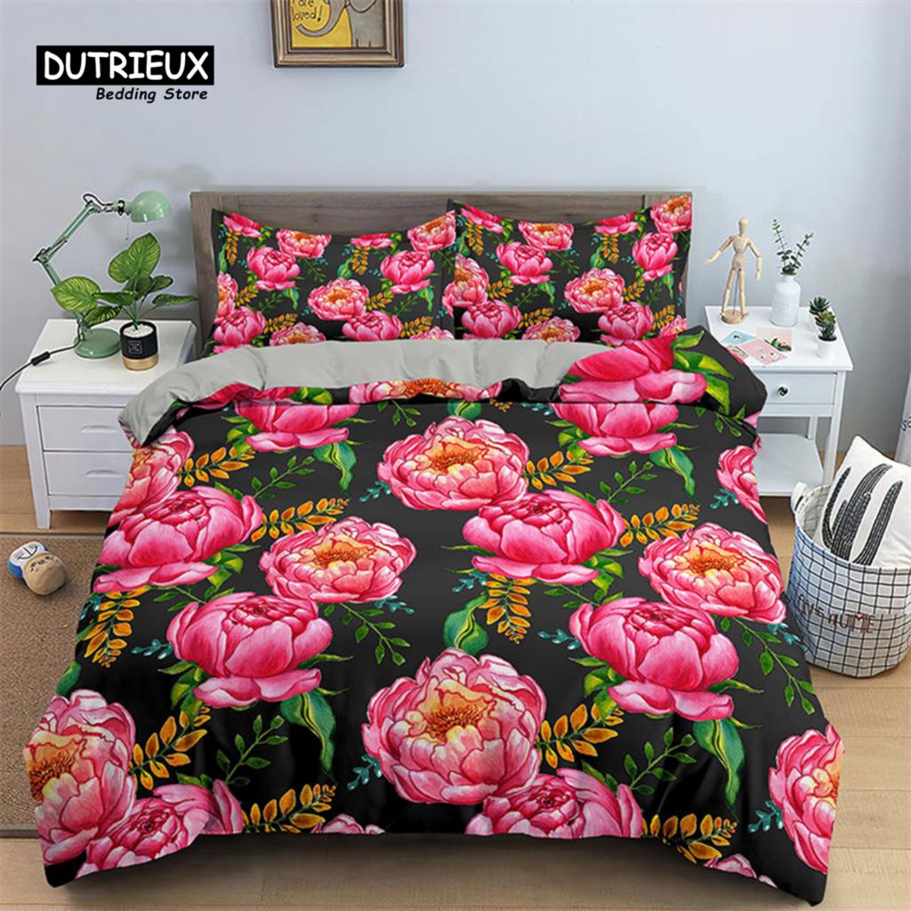 Romantic Flower Duvet Cover Rose Floral Bedding Set Microfiber Comforter Cover King For Girl Women Wedding Valentine's Day Decor