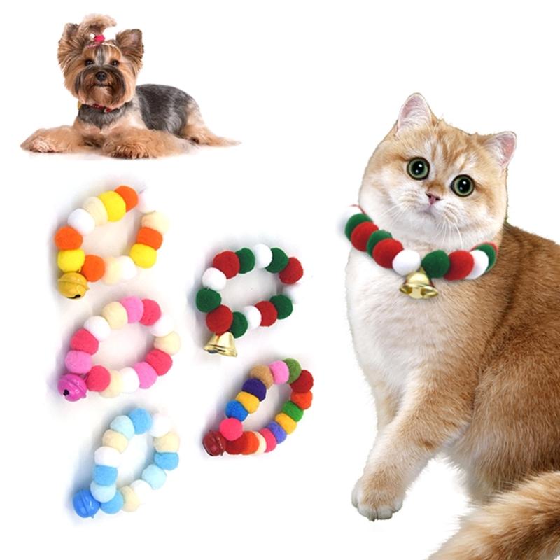 4pcs Festival Plush Pet Collars with Pompoms Bells Charm Colorful Furry Birthday Collar for Cats and Dogs