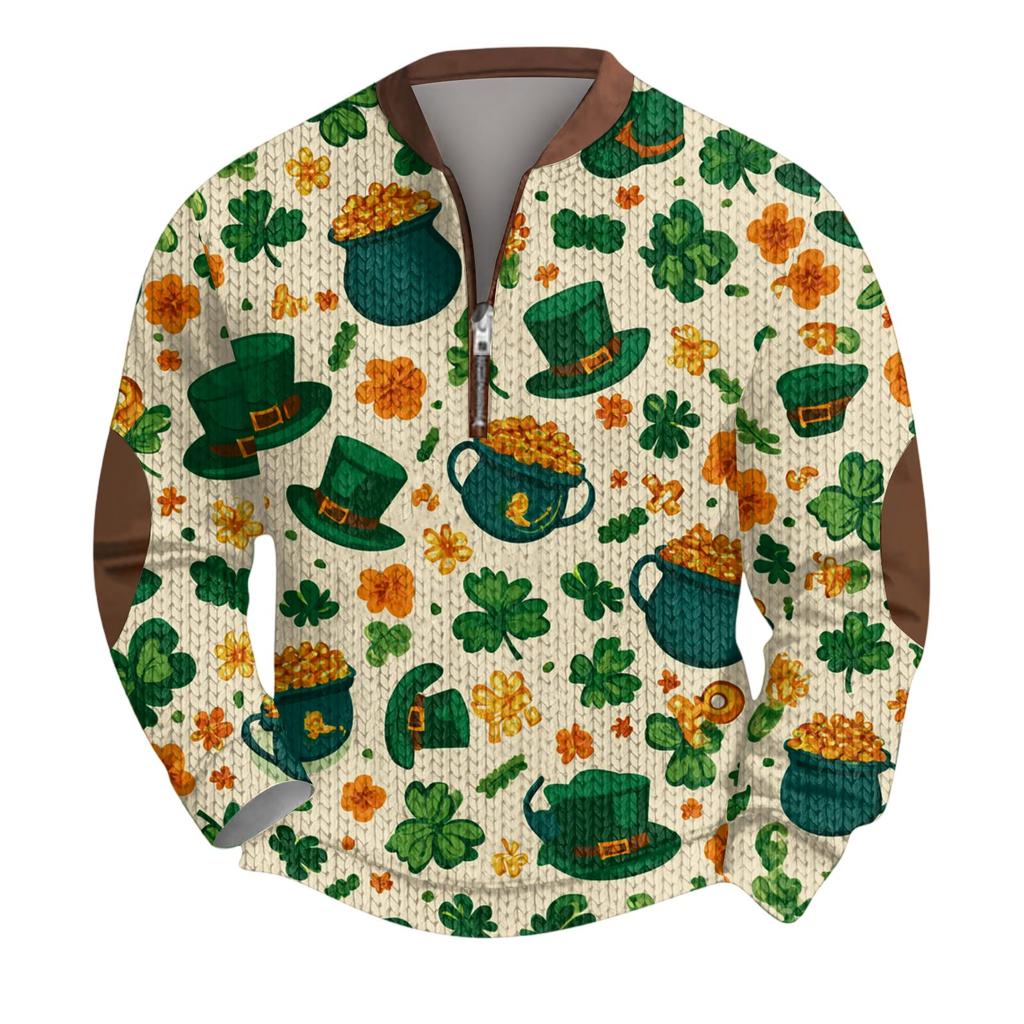 Mens Christmas Sweater Zip Up Sweatshirts Vintage Knit Graphic Sweatshirt St. Patrick's Day Stand Collar Pullover
