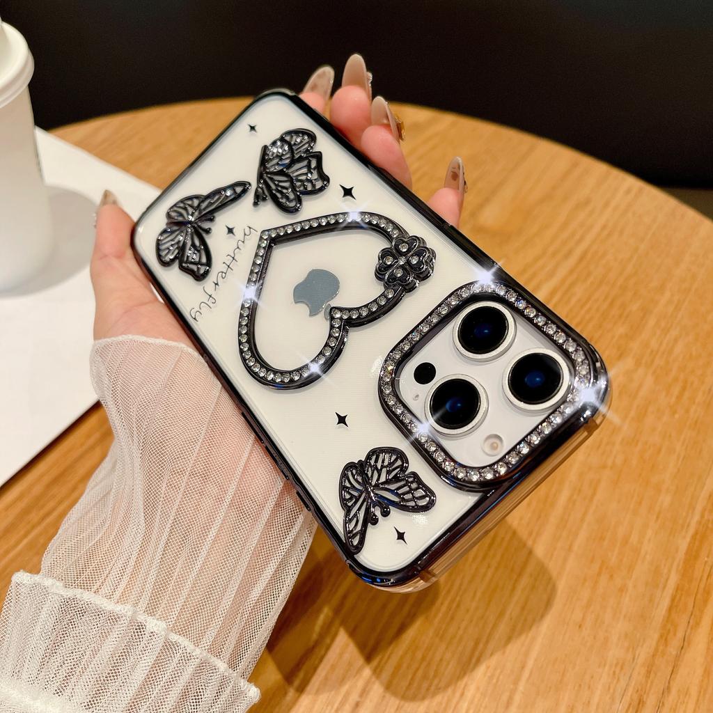 For IPhone 16 Promax Sparkling Diamond Phone Case for Apple 15 Love Butterfly 14 Gradient Sparkling Pink Soft Case