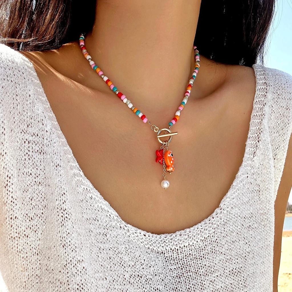 Charm Ocean OT Buckle Bohemia Starfish Pendant Necklace for Women Handmade Rice Beads Ceramic Fish Choker Girls Party