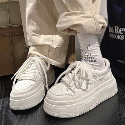 Women PU Leather Flats Platform Sneakers Round Toe Lace Up Ladies Fashion Casual Shoes Spring Autumn White