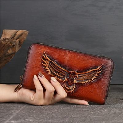 Retro geprägte Echtleder-Geldbörsen für Damen, natürliches Rindsleder, Kartenhalter, handgefertigt, lange Geldbörse