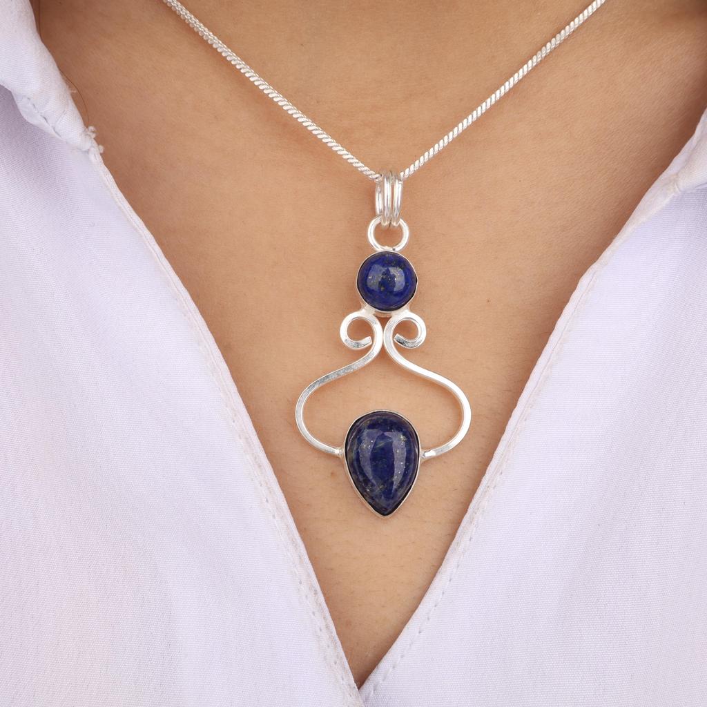 Lapis Lazuli Gemstone 925 Sterling Silver Handcrafted Designer Pretty Pendant 1.60" For Mother PP-13-28