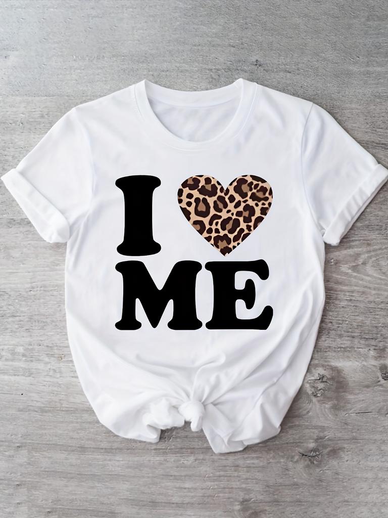 Women'S I Me Leopard Heart Print T-Shirt  Casual  Comfortable Crew Neck Short Sleeve Tee Perfect for Casual Attire Trendy Casual