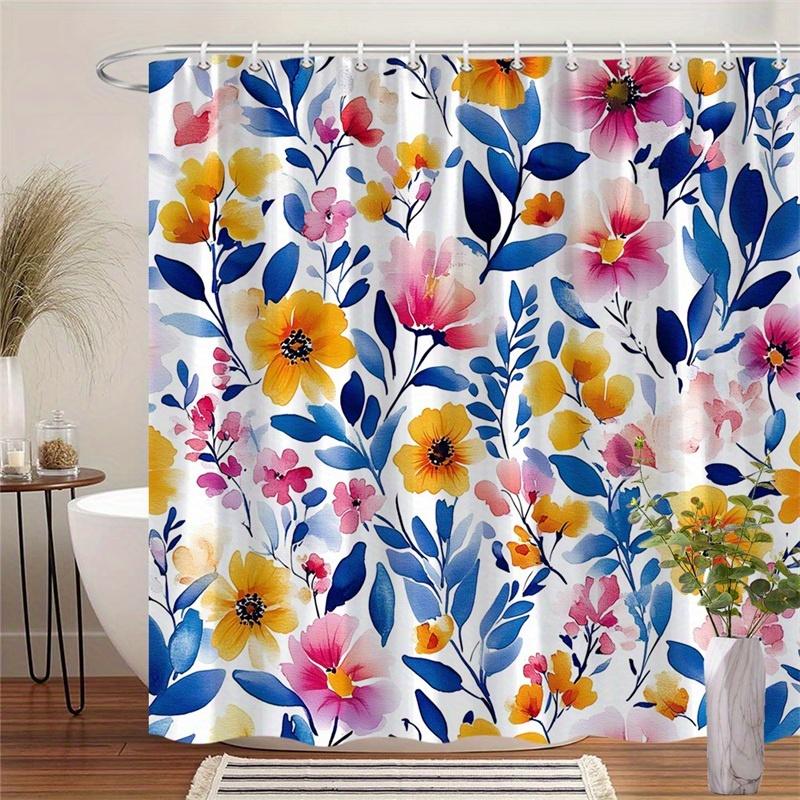 1 piece blue leaves and pink shower curtain, polyester fabric, machine washable, suitable for bathroom decoration