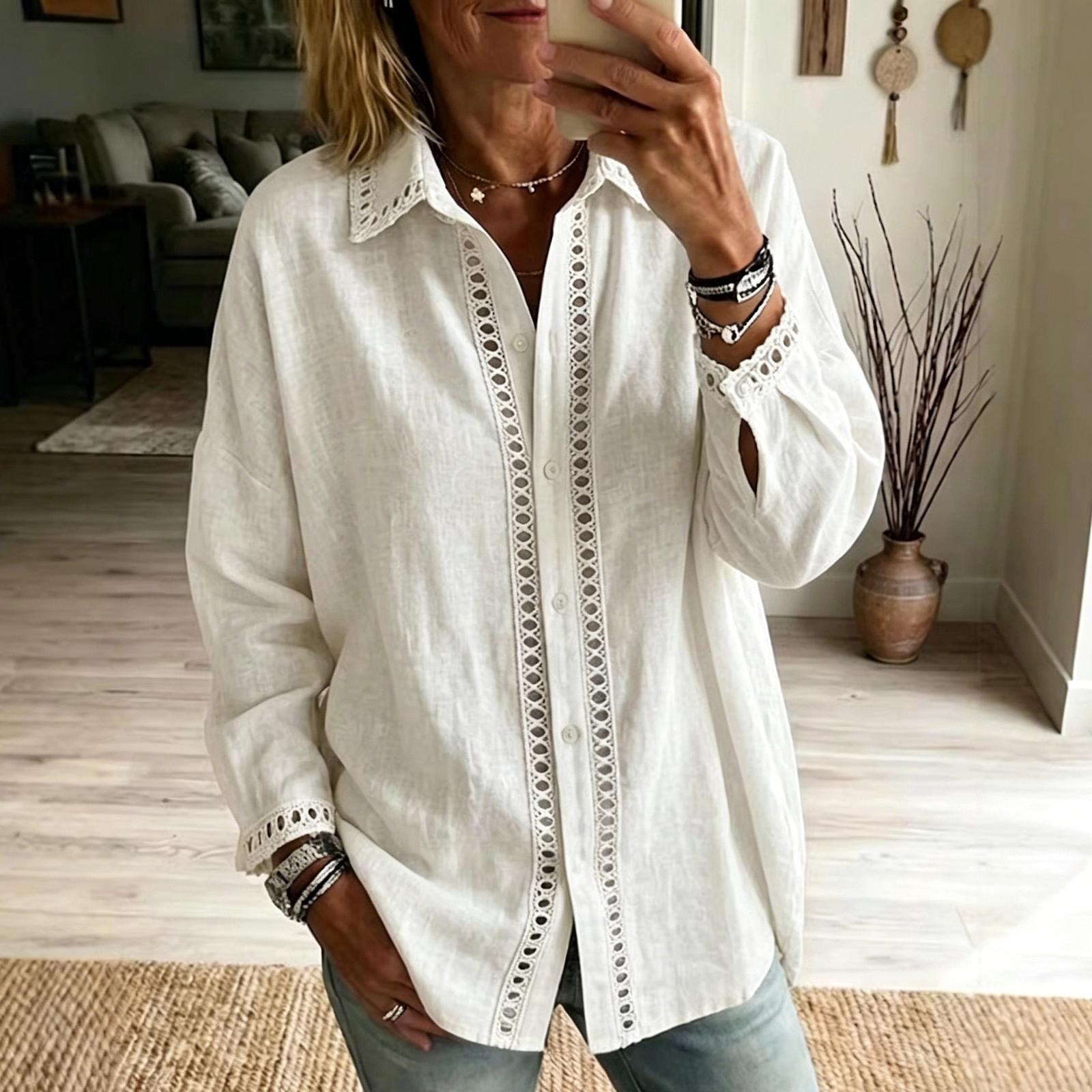 

Women s Color Casual Fashion Lace Patchwork Long Sleeved Shirt XL білий