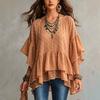 Women S Bohemian Style Chiffon Shirt Loose Round Neck Flared Sleeve Irregular Hem Top