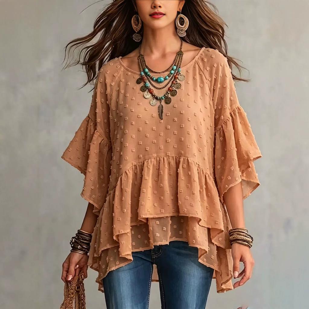 Women S Bohemian Style Chiffon Shirt Loose Round Neck Flared Sleeve Irregular Hem Top