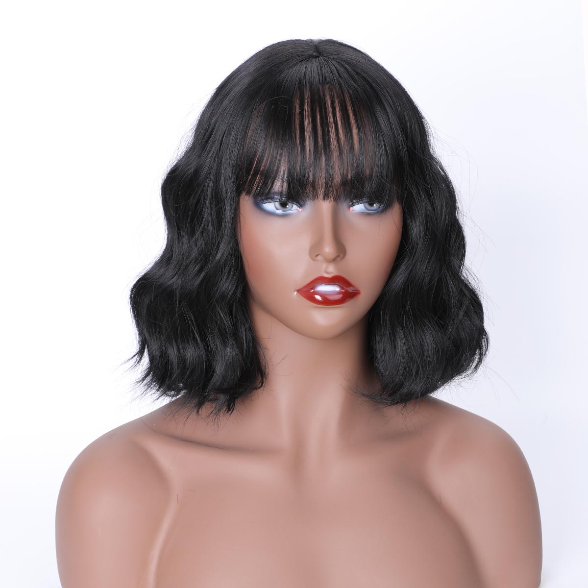 

MISS WIG Короткий парик с волнистыми волнами и челкой из синтетического волокна, черный цвет, термостойкий парик для косплея, вечерние, повседневный
