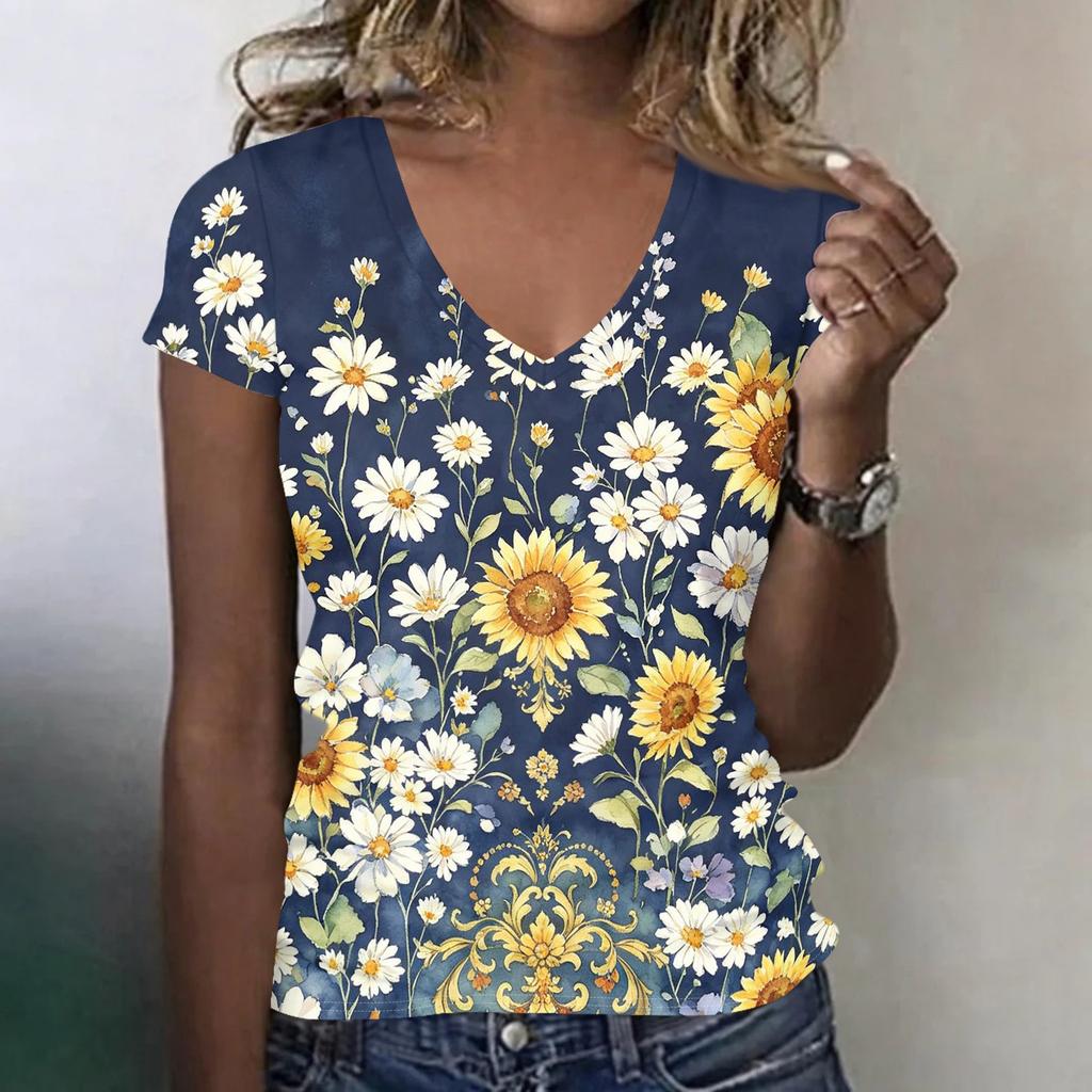 Women V Neck Short Sleeve Floral Print Casual Loose Fit T Shirt Lightweight Soft Fabric Comfortable Top for Daily Wear