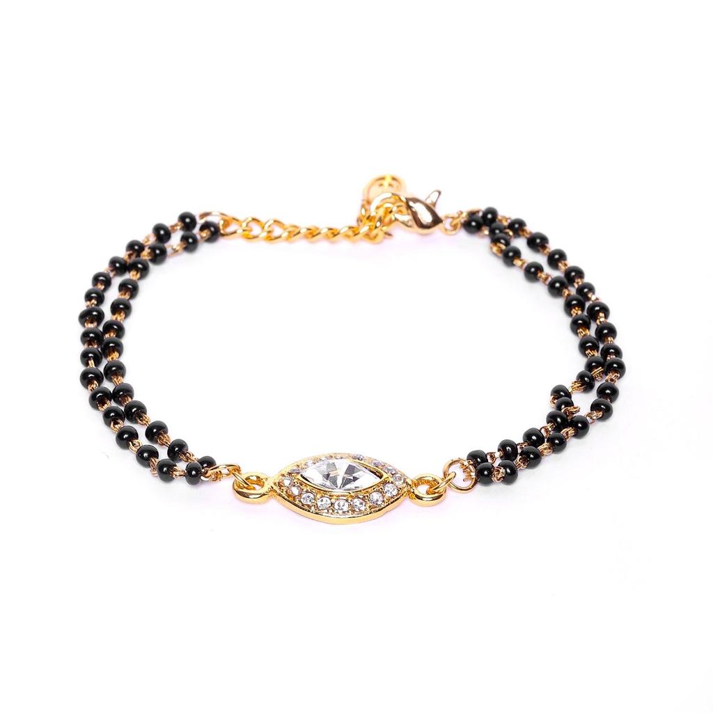 Estele Evil Eye vergoldetes Armband mit schwarzen Perlen, österreichischen Kristallen und Kundan für Damen