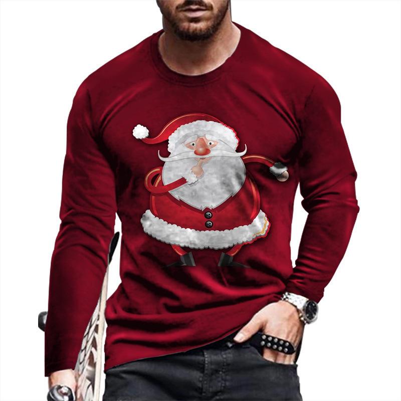 Round Neck 3D Christmas Pattern Top Casual Long Sleeved Men's T-shirts - Soft Medium Stretch Polyester Fabric Spring and Autumn Relaxed Fit Clothing