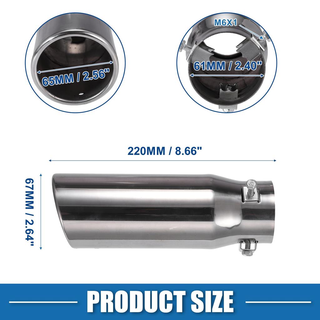 ABSOPRO Adjustable Exhaust Tailpipe for Car 67mm 220mm Muffler Stainless Silver Tone Trucks, 27-55mm Inlet, Outlet, Length, Bolt-On Tip, Steel,