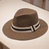 Unisex Straw Fedora Hat With Striped Band Wide Brim Summer Beach Sun Hat