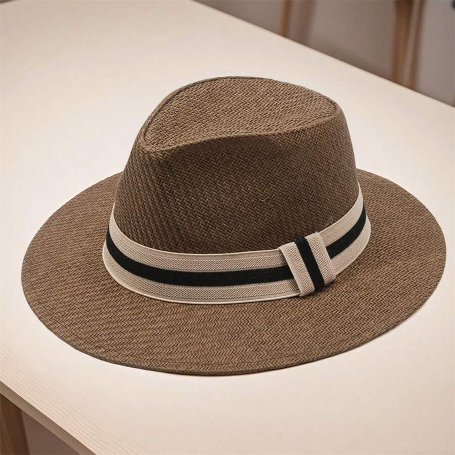 Unisex Straw Fedora Hat With Striped Band Wide Brim Summer Beach Sun Hat