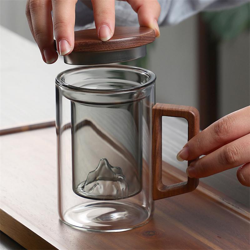 500ml Heat Resistant High Borosilicate Glass Tea Water Separation Tea Cup with Wooden Lid Handle Flower Tea Making Mug Water Cup